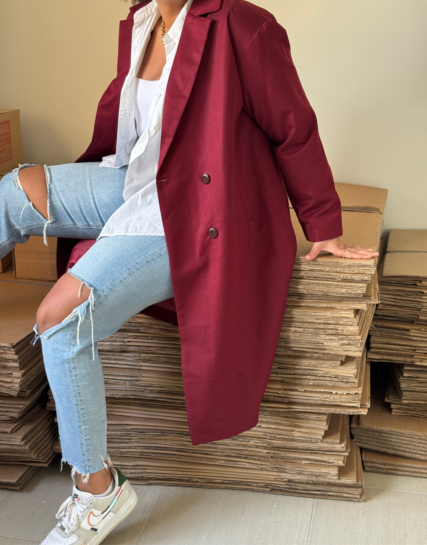 Long coat in burgundy